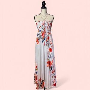 White & Floral Ruched Tie Front Sundress